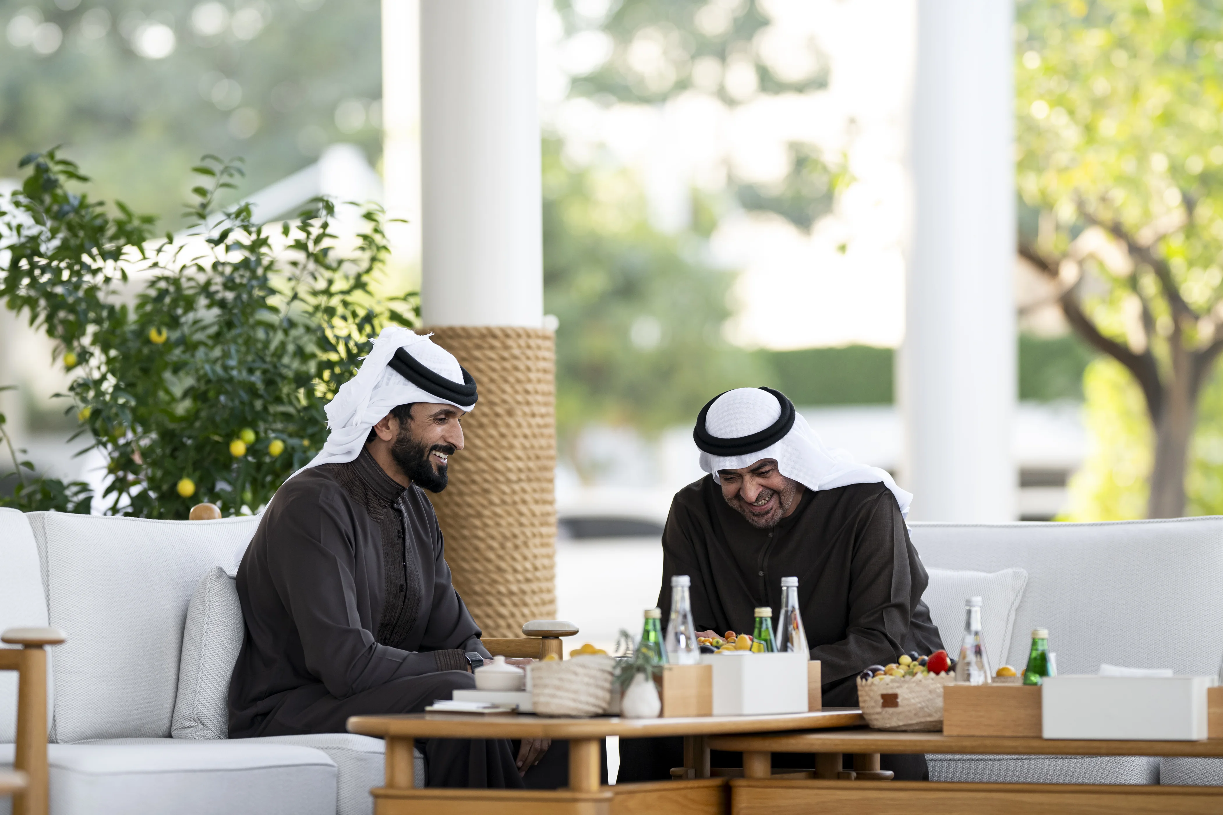 His Highness Sheikh Mohamed bin Zayed Al Nahyan, President of the United Arab Emirates, meets with His Highness Lt Major General Sheikh Nasser bin Hamad Al Khalifa, National Security Advisor, Commander of the Royal Guard of Bahrain, at Al Shati Palace, February 2026