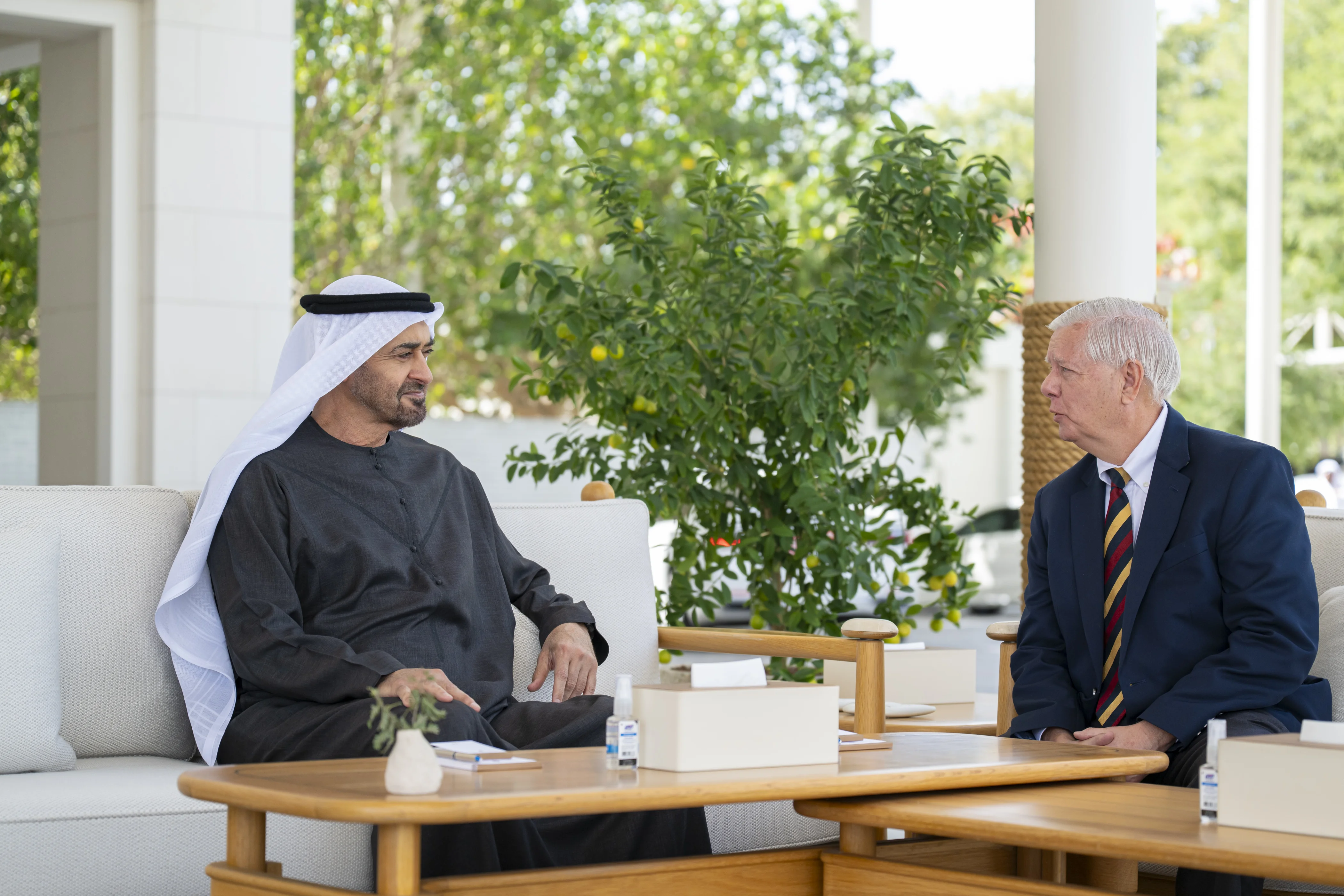 His Highness Sheikh Mohamed bin Zayed Al Nahyan, President of the United Arab Emirates, meets with Lindsey Graham, member of the US Senate, at Al Shati Palace, February 2026