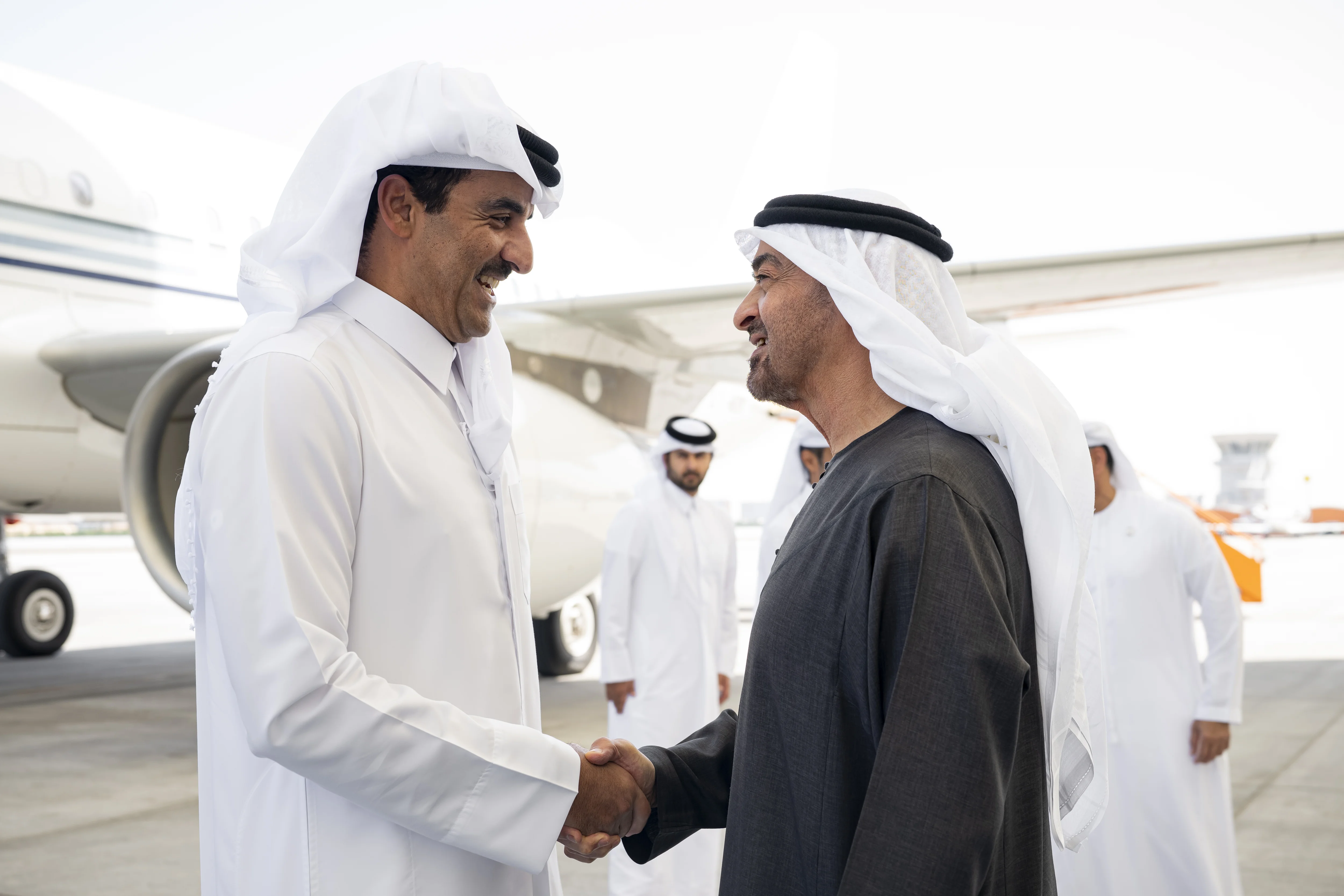 His Highness Sheikh Mohamed bin Zayed Al Nahyan, President of the United Arab Emirates, receives His Highness Sheikh Tamim bin Hamad Al Thani, Emir of Qatar, at Al Bateen Airport, February 2026
