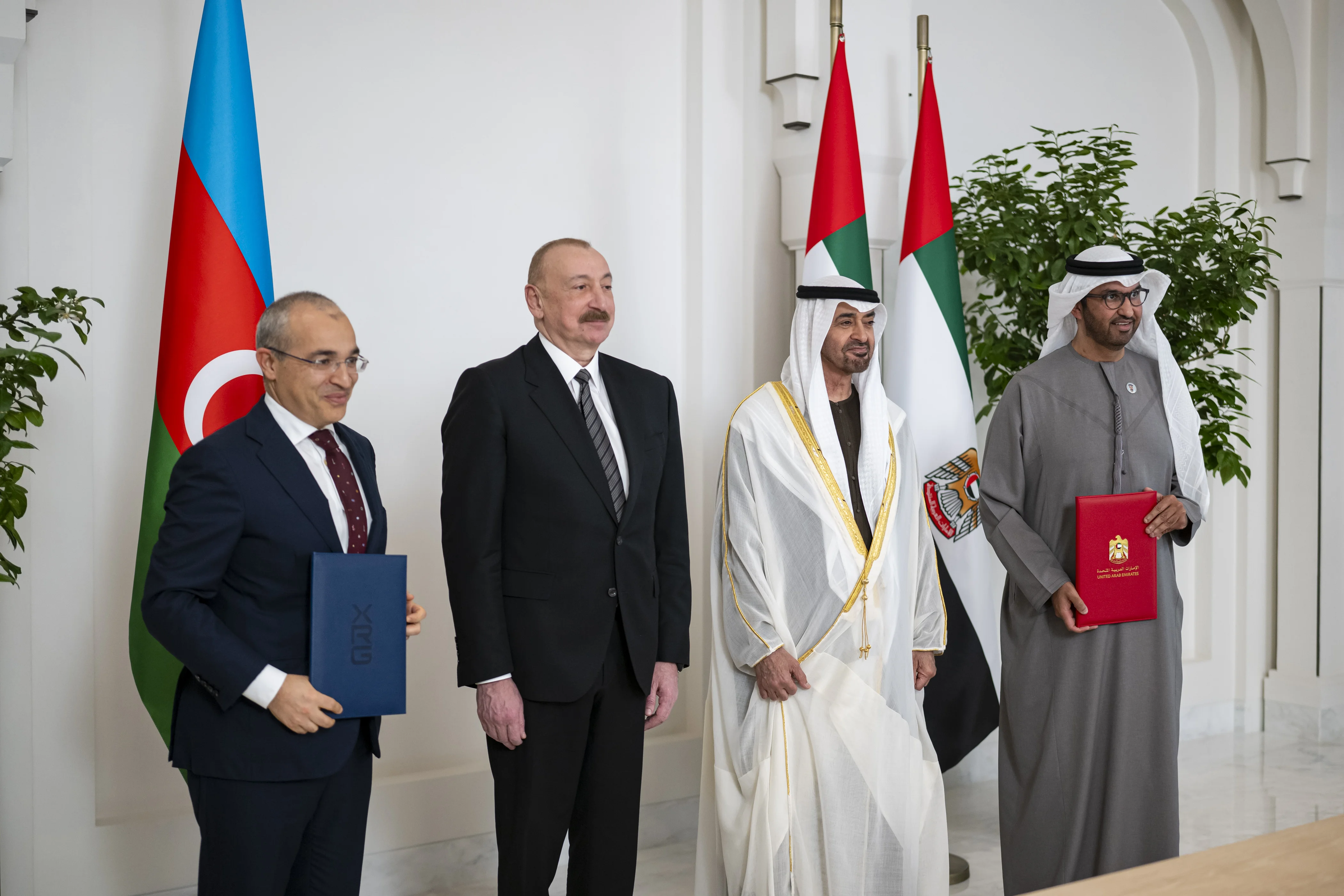 Ilham Aliyev, President of Azerbaijan, His Highness Sheikh Mohamed bin Zayed Al Nahyan, President of the United Arab Emirates, and Dr Sultan bin Ahmed Al Jaber, UAE Minister of Industry and Advanced Technology Group CEO of ADNOC and Chairman of Masdar, February 2026