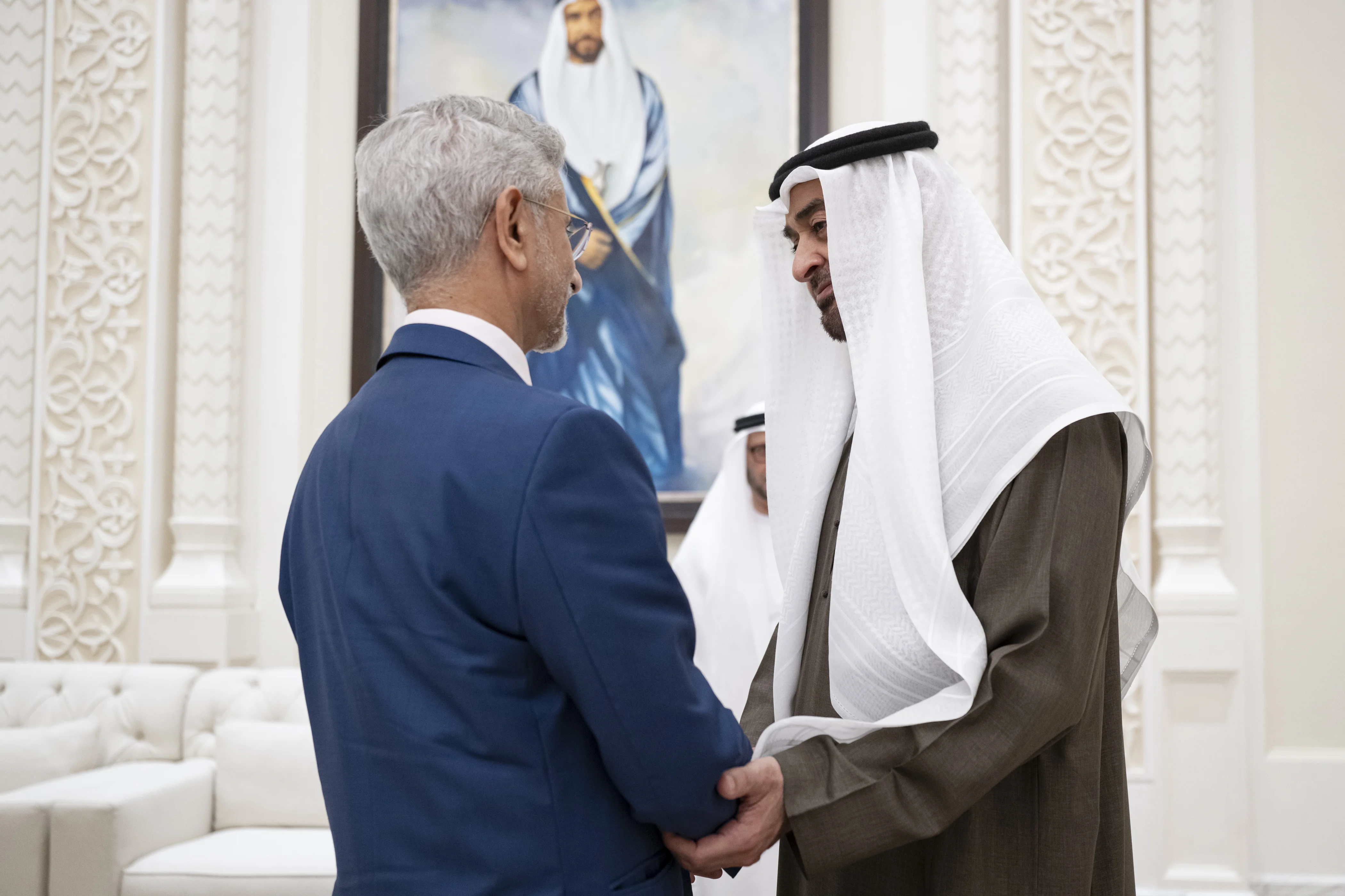 UNITED ARAB EMIRATES: His Highness Sheikh Mohamed bin Zayed Al Nahyan, President of the United Arab Emirates, receives Dr Subrahmanyam Jaishankar, Minister of External Affairs of India, before a meeting