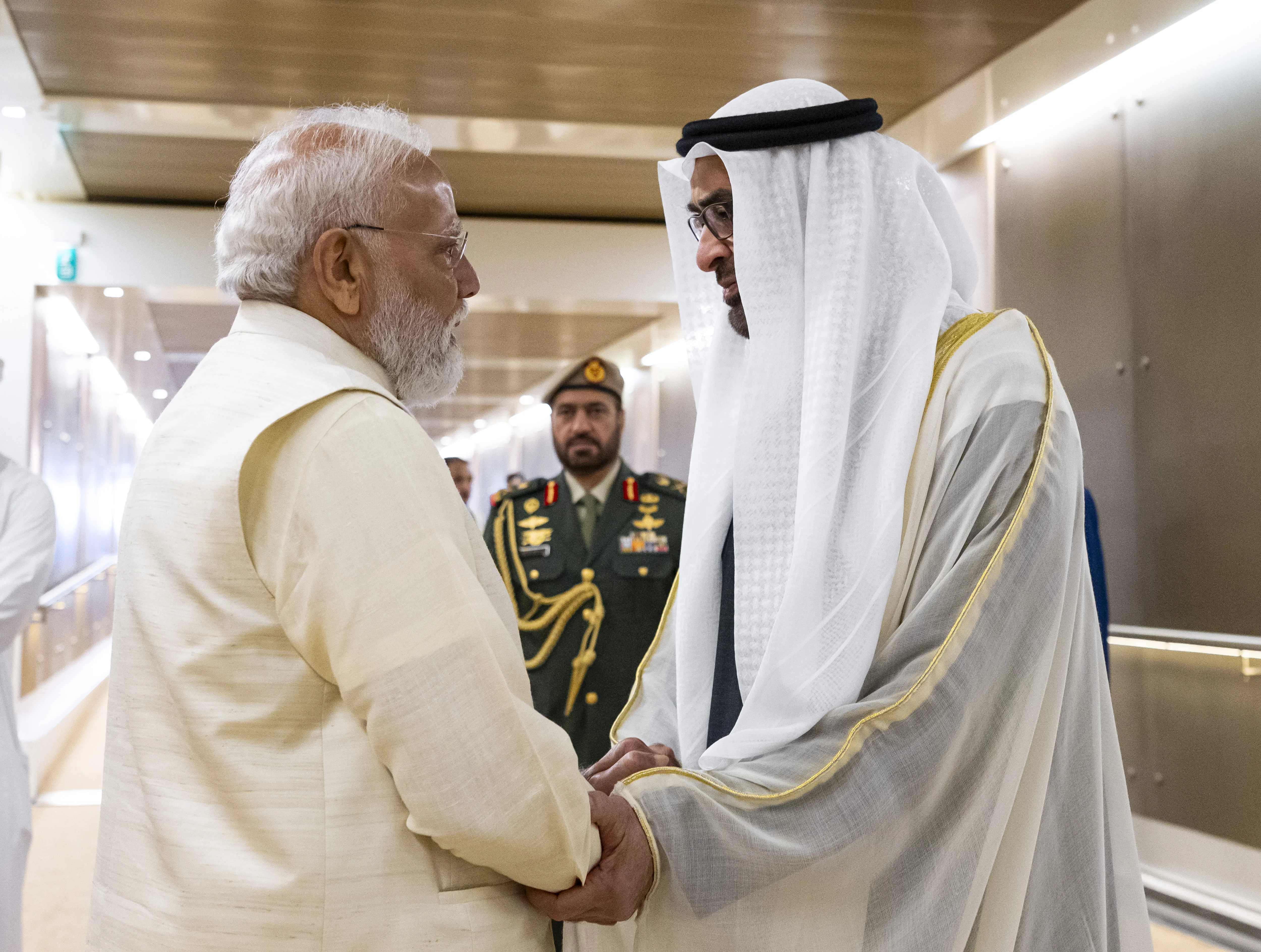 His Highness Sheikh Mohamed bin Zayed Al Nahyan, President of the United Arab Emirates, bids farewell to Narendra Modi, Prime Minister of India, at the Presidential Airport after an official visit. ——, May 2026