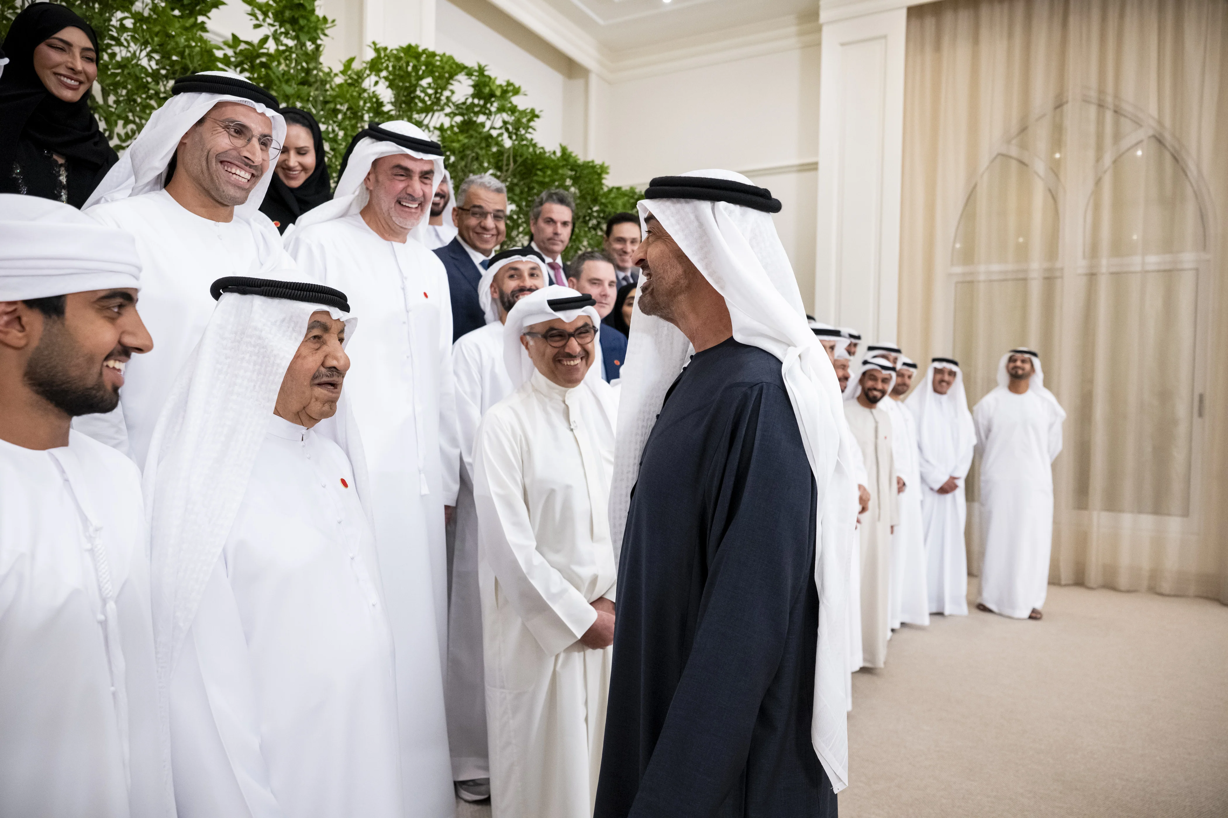 His Highness Sheikh Mohamed bin Zayed Al Nahyan, President of the United Arab Emirates, speaks with members of the Authority of Social Contribution - Ma'an, during a barza, May 2026