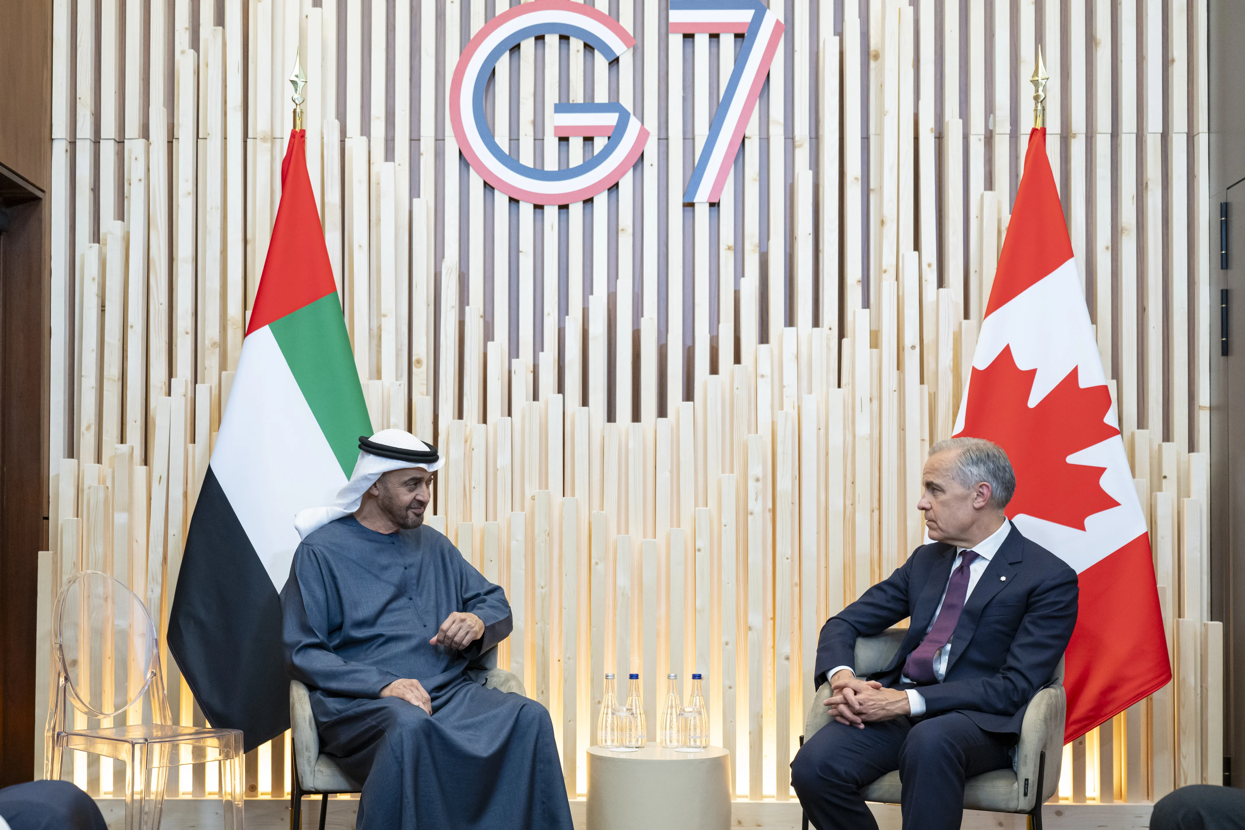 His Highness Sheikh Mohamed bin Zayed Al Nahyan, President of the United Arab Emirates meets with the Right Honourable Mark Carney, Prime Minister of Canada, on the sidelines of the G7 France 2026 Summit at the Hotel Royal, June 2026