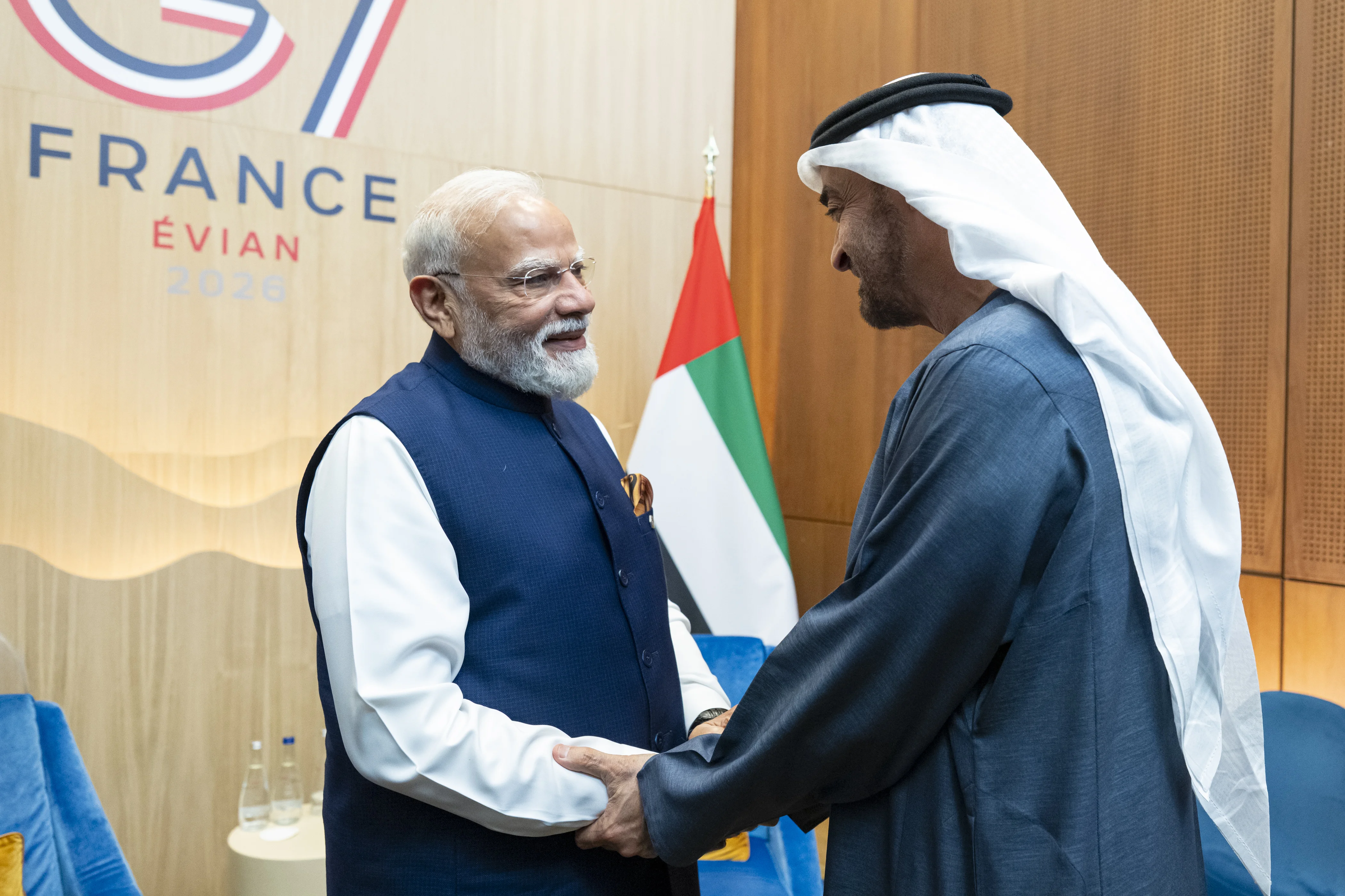 His Highness Sheikh Mohamed bin Zayed Al Nahyan, President of the United Arab Emirates, greets Narendra Modi, Prime Minister of India, on the sidelines of the G7 France 2026 Summit at the Hotel Royal, June 2026