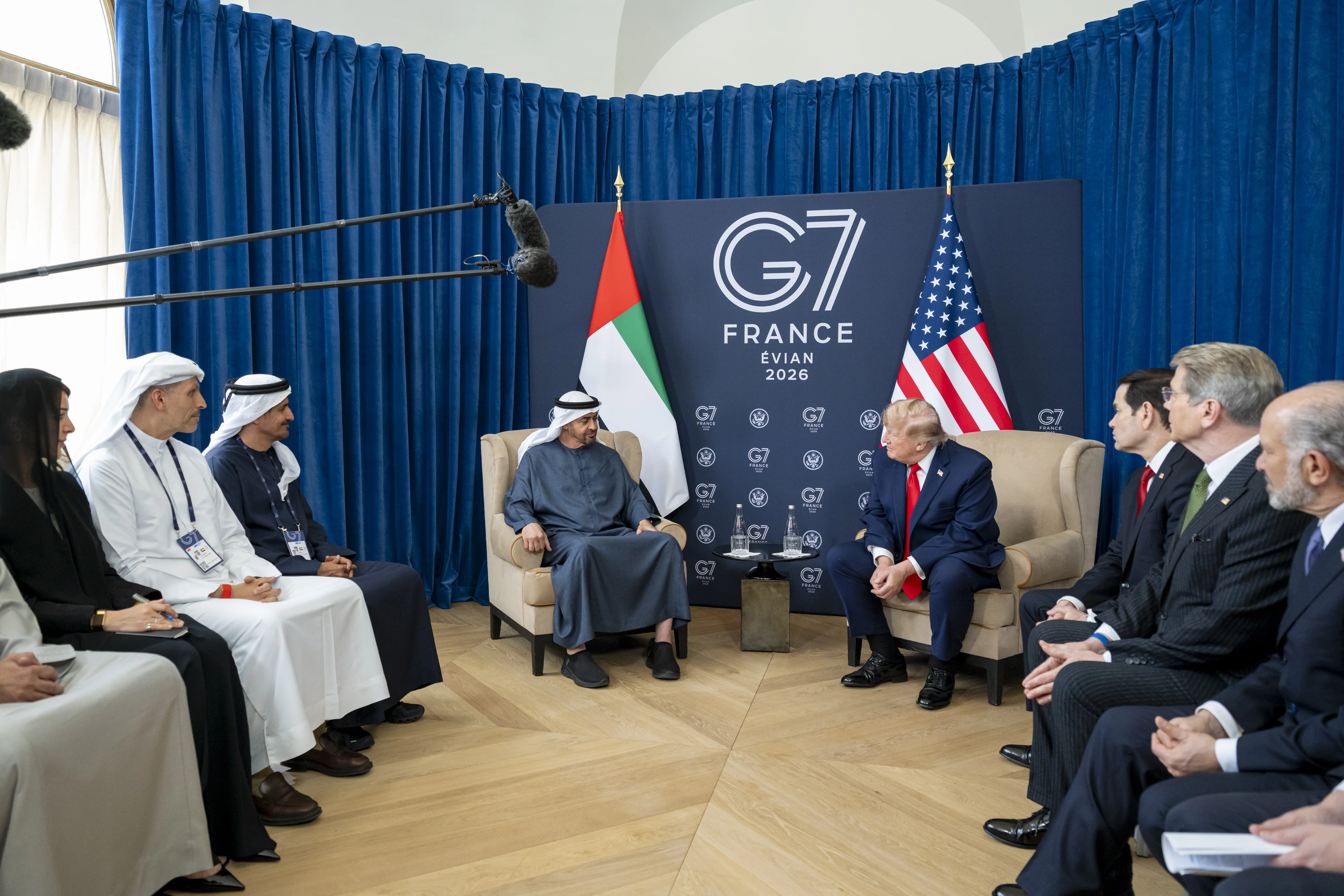 His Highness Sheikh Mohamed bin Zayed Al Nahyan, President of the United Arab Emirates meets with Donald Trump, President of the United States, on the sidelines of the G7 France 2026 Summit at the Hotel Royal, June 2026