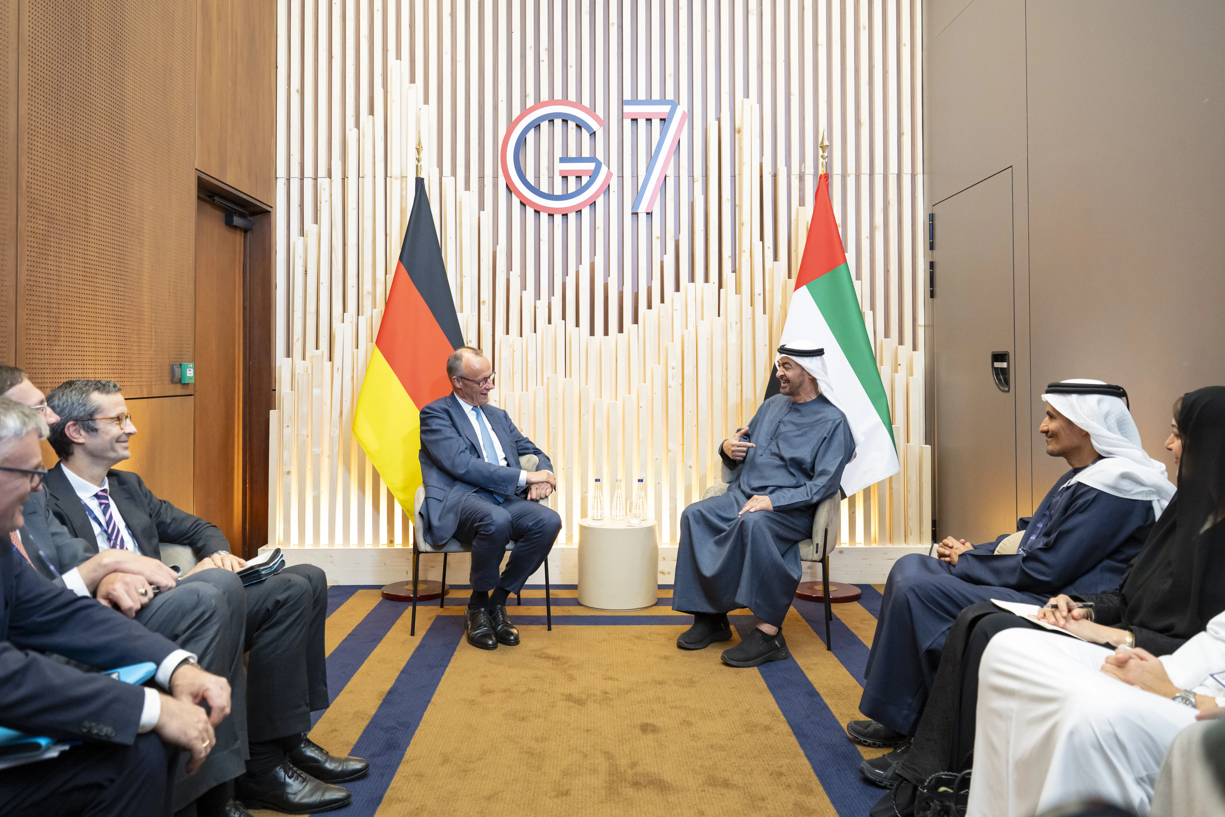 His Highness Sheikh Mohamed bin Zayed Al Nahyan, President of the United Arab Emirates meets with Friedrich Merz, Chancellor of Germany, on the sidelines of the G7 France 2026 Summit at the Hotel Royal, June 2026