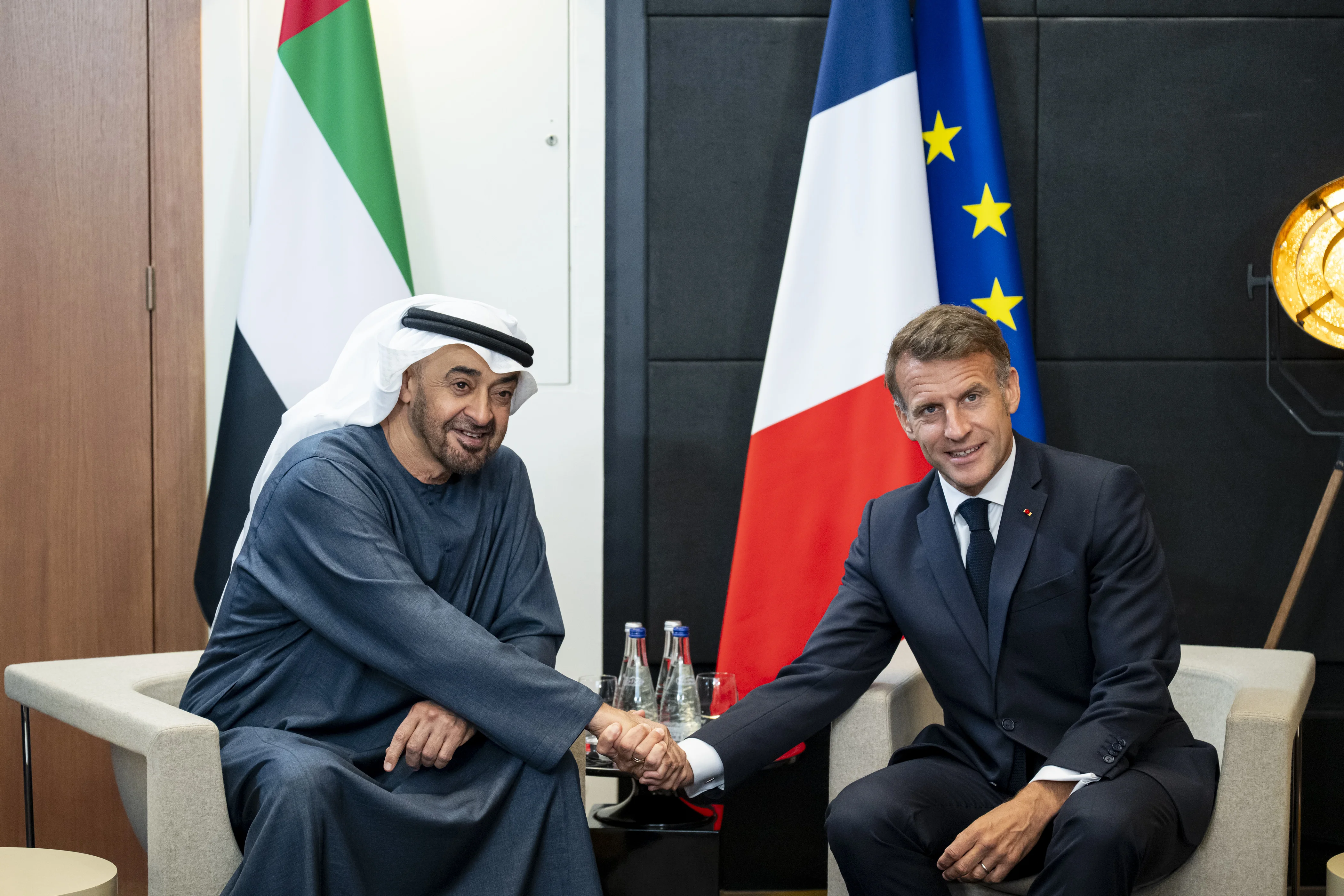 His Highness Sheikh Mohamed bin Zayed Al Nahyan, President of the United Arab Emirates meets with Emmanuel Macron, President of France, on the sidelines of the G7 France 2026 Summit at the Hotel Royal, June 2026